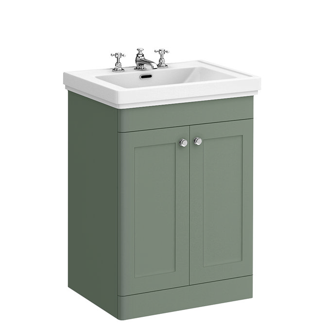Roxbury Traditional 600mm Satin Green Vanity Unit - Floor Standing 2 Door Unit with Chrome Handles - 3 Tap Hole