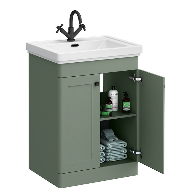 Roxbury Traditional 600mm Satin Green Vanity Unit - Floor Standing 2 Door Unit with Matt Black Handles