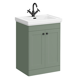 Roxbury Traditional 600mm Satin Green Vanity Unit - Floor Standing 2 Door Unit with Matt Black Handles
