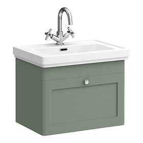 Roxbury Traditional 600mm Satin Green Vanity Unit - Wall Hung Single Drawer Unit with Chrome Handle