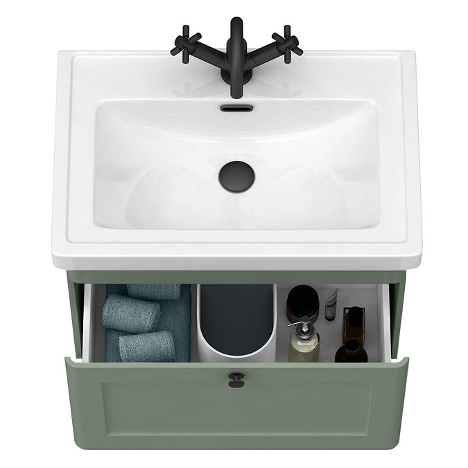Roxbury Traditional 600mm Satin Green Vanity Unit - Wall Hung Single Drawer Unit with Matt Black Handle