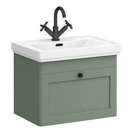 Roxbury Traditional 600mm Satin Green Vanity Unit - Wall Hung Single Drawer Unit with Matt Black Handle