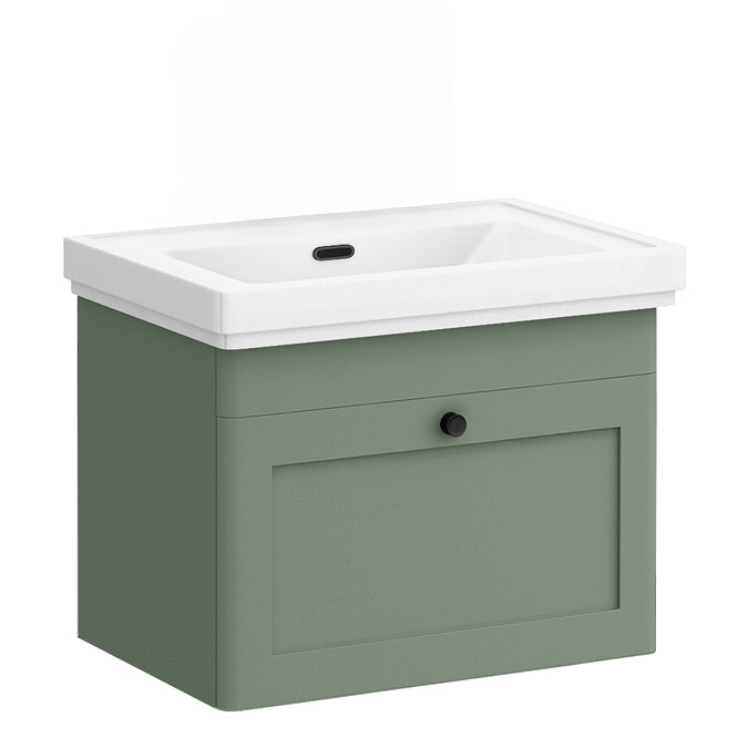 Roxbury Traditional 600mm Satin Green Vanity Unit - Wall Hung Single Drawer Unit with Matt Black Handle