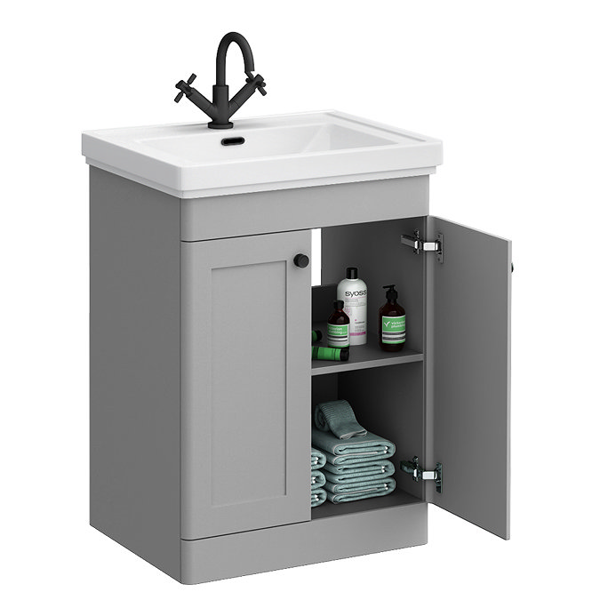 Roxbury Traditional 600mm Satin Grey Vanity Unit - Floor Standing 2 Door Unit with Matt Black Handles