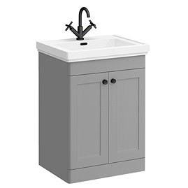 Roxbury Traditional 600mm Satin Grey Vanity Unit - Floor Standing 2 Door Unit with Matt Black Handles