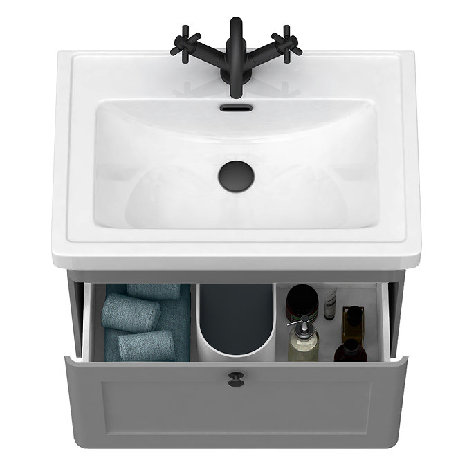 Roxbury Traditional 600mm Satin Grey Vanity Unit - Wall Hung Single Drawer Unit with Matt Black Handle