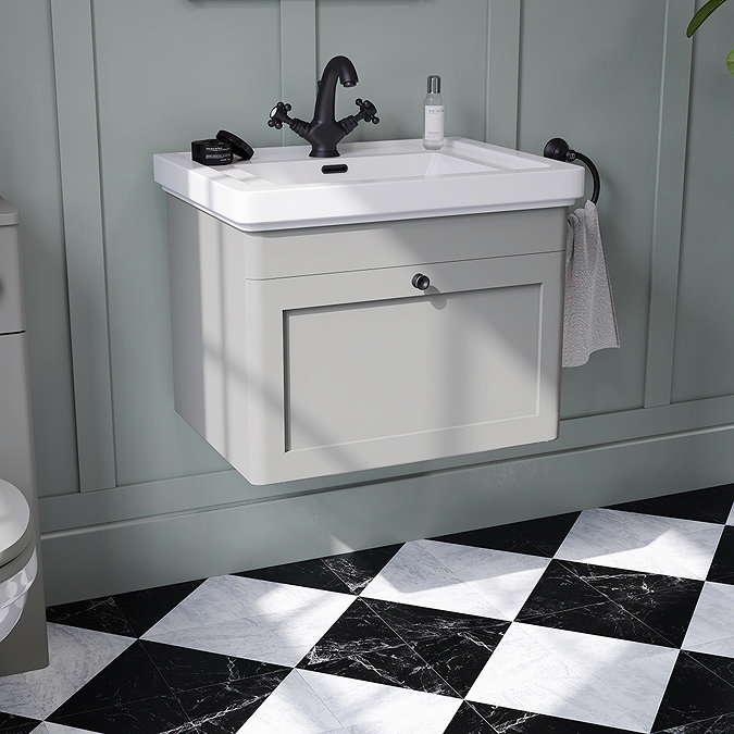 Roxbury Traditional 600mm Satin Grey Vanity Unit - Wall Hung Single Drawer Unit with Matt Black Handle