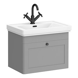 Roxbury Traditional 600mm Satin Grey Vanity Unit - Wall Hung Single Drawer Unit with Matt Black Handle