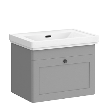 Roxbury Traditional 600mm Satin Grey Vanity Unit - Wall Hung Single Drawer Unit with Matt Black Handle