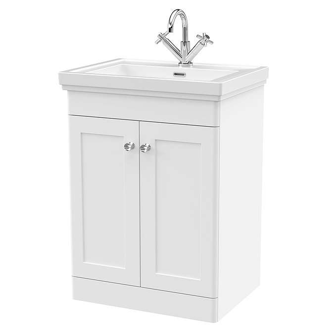 Roxbury Traditional 600mm Satin White Vanity Unit - Floor Standing 2 Door Unit with Chrome Handles