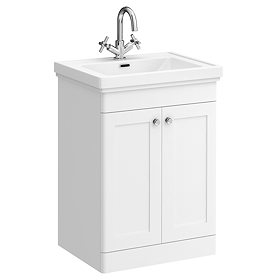 Roxbury Traditional 600mm Satin White Vanity Unit - Floor Standing 2 Door Unit with Chrome Handles