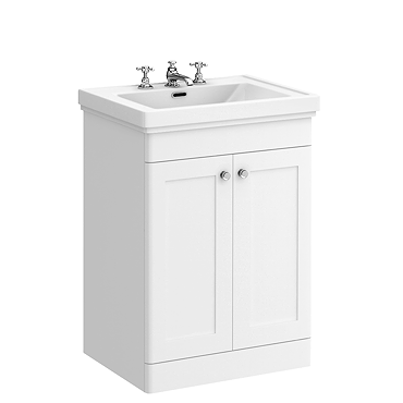 Roxbury Traditional 600mm Satin White Vanity Unit - Floor Standing 2 Door Unit with Chrome Handles
