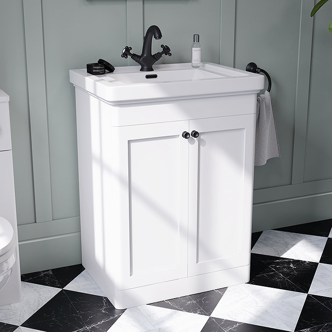 Roxbury Traditional 600mm Satin White Vanity Unit - Floor Standing 2 Door Unit with Matt Black Handles