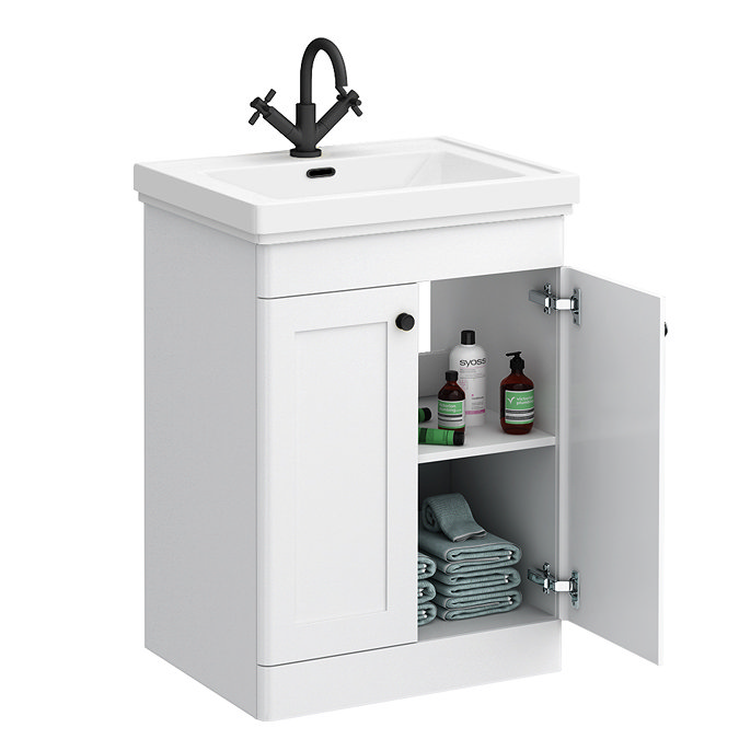 Roxbury Traditional 600mm Satin White Vanity Unit - Floor Standing 2 Door Unit with Matt Black Handles