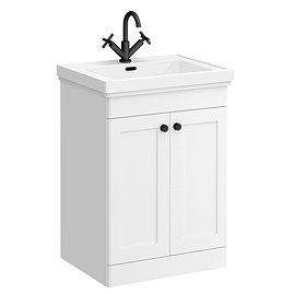 Roxbury Traditional 600mm Satin White Vanity Unit - Floor Standing 2 Door Unit with Matt Black Handles