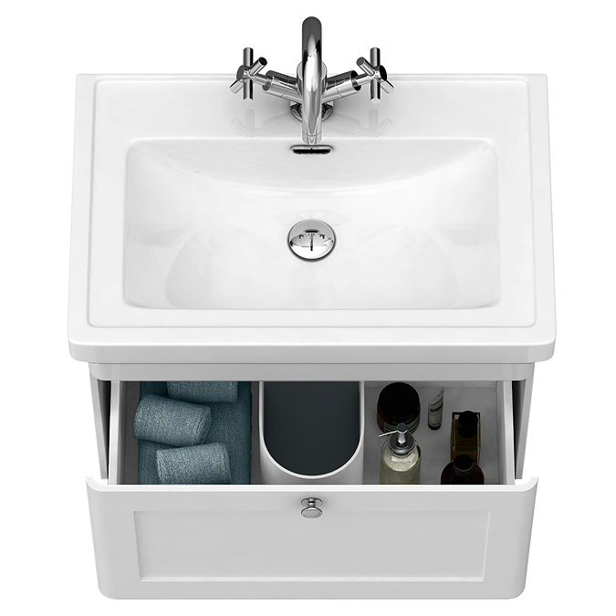 Roxbury Traditional 600mm Satin White Vanity Unit - Wall Hung Single Drawer Unit with Chrome Handle