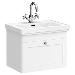 Roxbury Traditional 600mm Satin White Vanity Unit - Wall Hung Single Drawer Unit with Chrome Handle 0 Tap Hole
