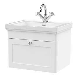 Roxbury Traditional 600mm Satin White Vanity Unit - Wall Hung Single Drawer Unit with Chrome Handle