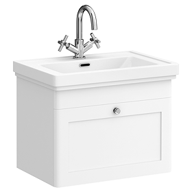 Roxbury Traditional 600mm Satin White Vanity Unit - Wall Hung Single Drawer Unit with Chrome Handle