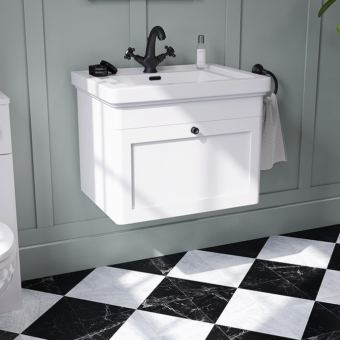 Roxbury Traditional 600mm Satin White Vanity Unit - Wall Hung Single Drawer Unit with Matt Black Handle