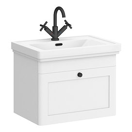 Roxbury Traditional 600mm Satin White Vanity Unit - Wall Hung Single Drawer Unit with Matt Black Handle