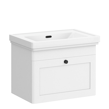 Roxbury Traditional 600mm Satin White Vanity Unit - Wall Hung Single Drawer Unit with Matt Black Handle