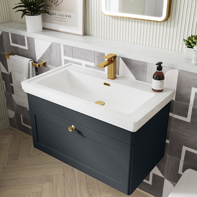 Roxbury Traditional 800mm Satin Anthracite Vanity Unit - Wall Hung Single Drawer Unit with Brushed Brass Handle 1 Tap Hole