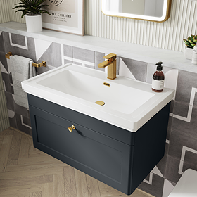 Roxbury Traditional 800mm Satin Anthracite Vanity Unit - Wall Hung Single Drawer Unit with Brushed Brass Handle 1 Tap Hole