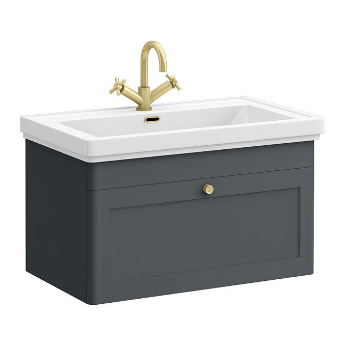 Roxbury Traditional 800mm Satin Anthracite Vanity Unit - Wall Hung Single Drawer Unit with Brushed Brass Handle