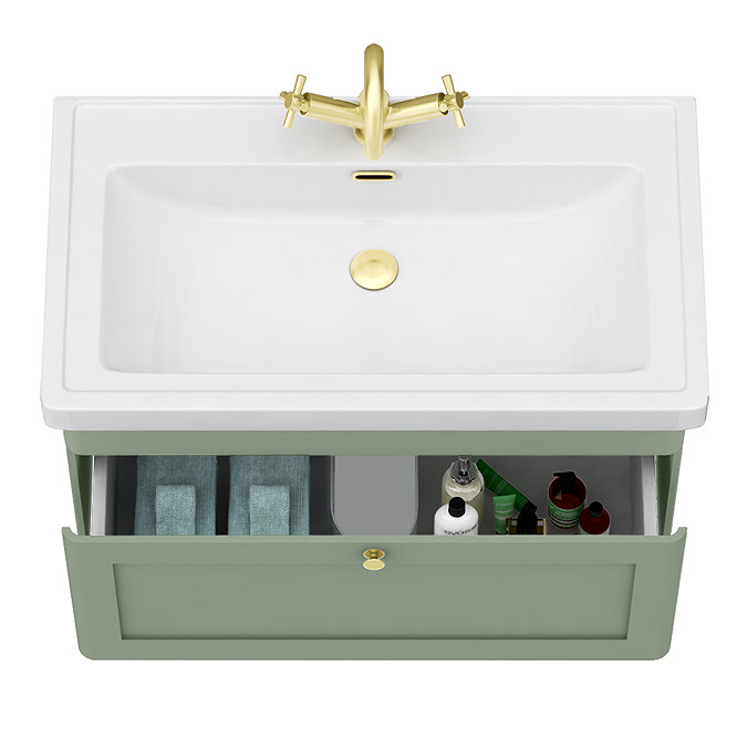Roxbury Traditional 800mm Satin Green Vanity Unit - Wall Hung Single Drawer Unit with Brushed Brass Handle