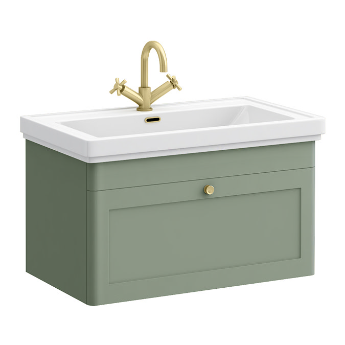 Roxbury Traditional 800mm Satin Green Vanity Unit - Wall Hung Single Drawer Unit with Brushed Brass Handle