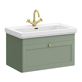 Roxbury Traditional 800mm Satin Green Vanity Unit - Wall Hung Single Drawer Unit with Brushed Brass Handle