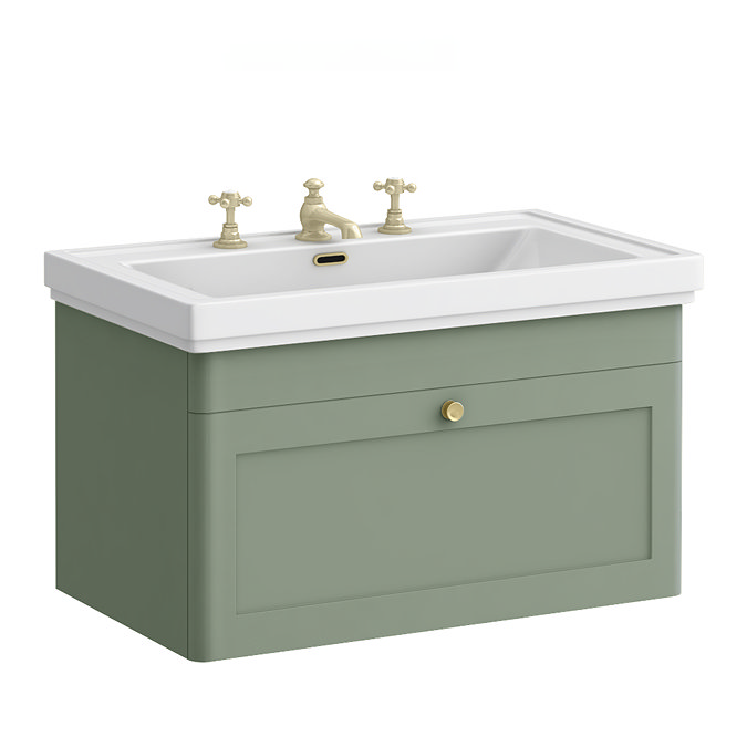 Roxbury Traditional 800mm Satin Green Vanity Unit - Wall Hung Single Drawer Unit with Brushed Brass Handle 3 Tap Hole