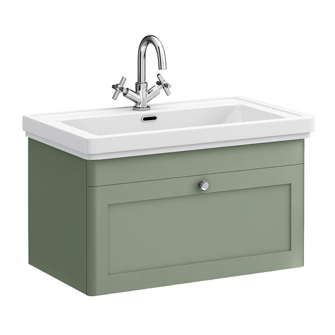 Roxbury Traditional 800mm Satin Green Vanity Unit - Wall Hung Single Drawer Unit with Chrome Handle