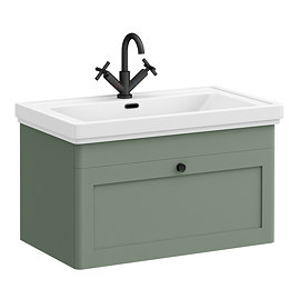 Roxbury Traditional 800mm Satin Green Vanity Unit - Wall Hung Single Drawer Unit with Matt Black Handle