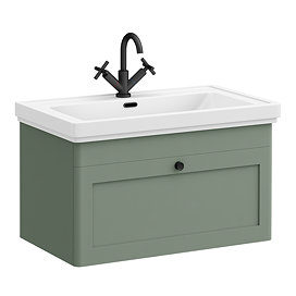 Roxbury Traditional 800mm Satin Green Vanity Unit - Wall Hung Single Drawer Unit with Matt Black Handle