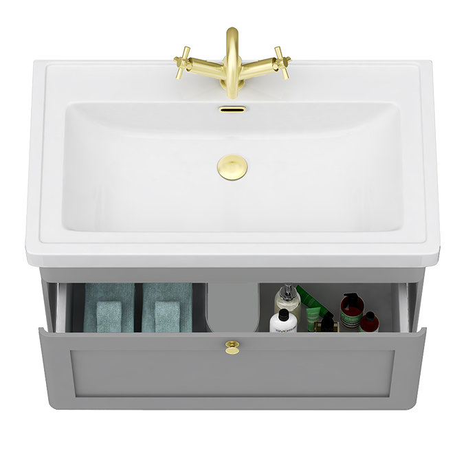 Roxbury Traditional 800mm Satin Grey Vanity Unit - Wall Hung Single Drawer Unit with Brushed Brass Handle