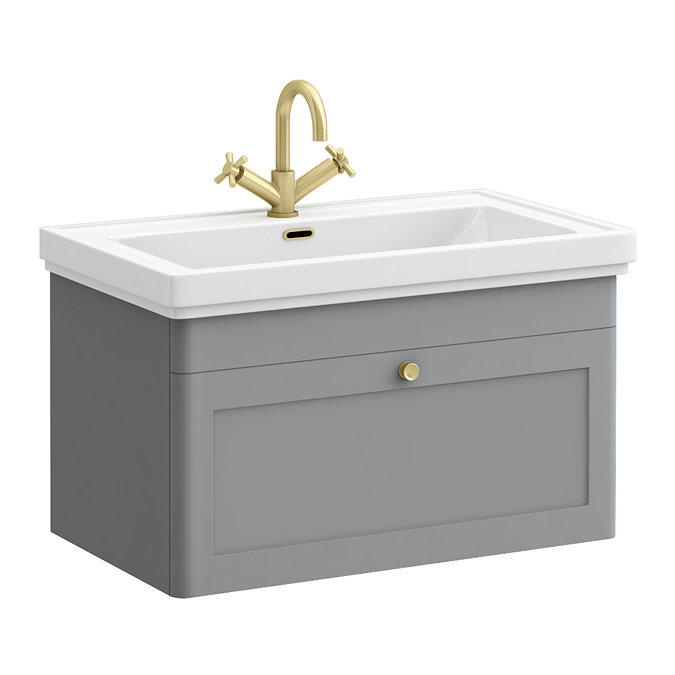 Roxbury Traditional 800mm Satin Grey Vanity Unit - Wall Hung Single Drawer Unit with Brushed Brass Handle