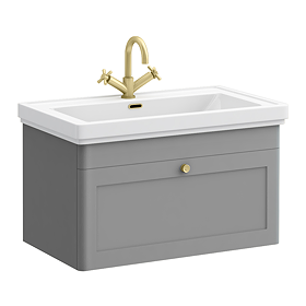 Roxbury Traditional 800mm Satin Grey Vanity Unit - Wall Hung Single Drawer Unit with Brushed Brass Handle