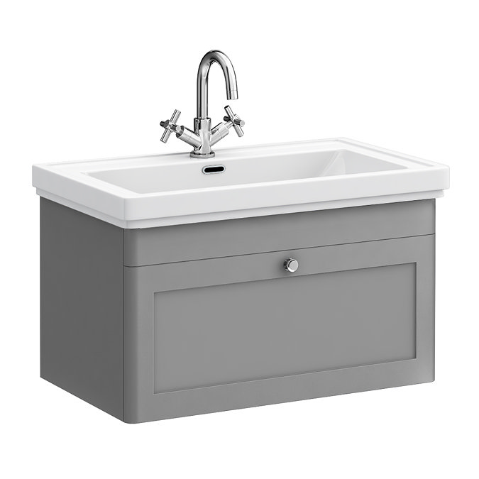 Roxbury Traditional 800mm Satin Grey Vanity Unit - Wall Hung Single Drawer Unit with Chrome Handle 