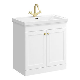 Roxbury Traditional 800mm Satin White Vanity Unit - Floor Standing 2 Door Unit with Brushed Brass Handles