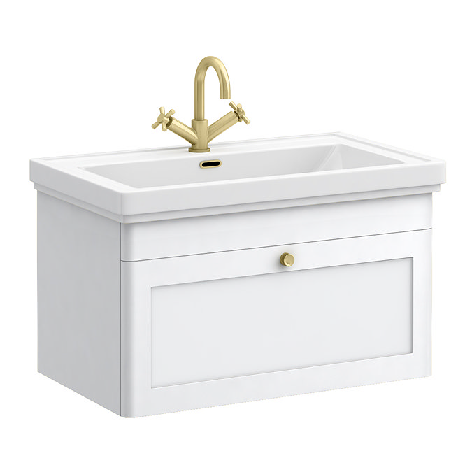 Roxbury Traditional 800mm Satin White Vanity Unit - Wall Hung Single Drawer Unit with Brushed Brass Handle