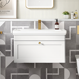 Roxbury Traditional 800mm Satin White Vanity Unit - Wall Hung Single Drawer Unit with Brushed Brass Handle