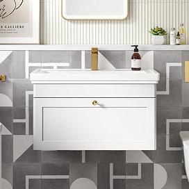 Roxbury Traditional 800mm Satin White Vanity Unit - Wall Hung Single Drawer Unit with Brushed Brass Handle