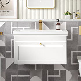 Roxbury Traditional 800mm Satin White Vanity Unit - Wall Hung Single Drawer Unit with Brushed Brass Handle