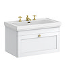 Roxbury Traditional 800mm Satin White Vanity Unit - Wall Hung Single Drawer Unit with Brushed Brass Handle