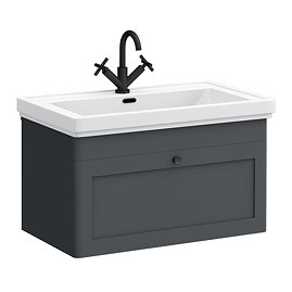 Roxbury Traditional 800mm Satin Anthracite Vanity Unit - Wall Hung Single Drawer Unit with Matt Black Handle