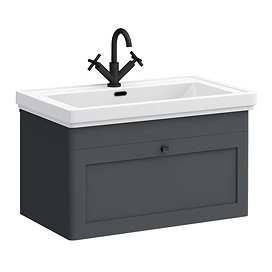 Roxbury Traditional 800mm Satin Anthracite Vanity Unit - Wall Hung Single Drawer Unit with Matt Black Handle
