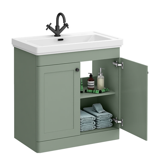 Roxbury Traditional 800mm Satin Green Vanity Unit - Floor Standing 2 Door Unit with Matt Black Handles