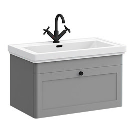 Roxbury Traditional 800mm Satin Grey Vanity Unit - Wall Hung Single Drawer Unit with Matt Black Handle